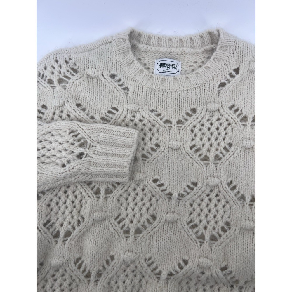 American Eagle Pointelle‎ Womens Wool Blend Sweater Small Cream Oversized Knit